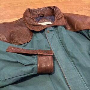 Vintage Andrew Marc‎ Jacket Men's Large Teal Green Canvas Leather Trim Parka